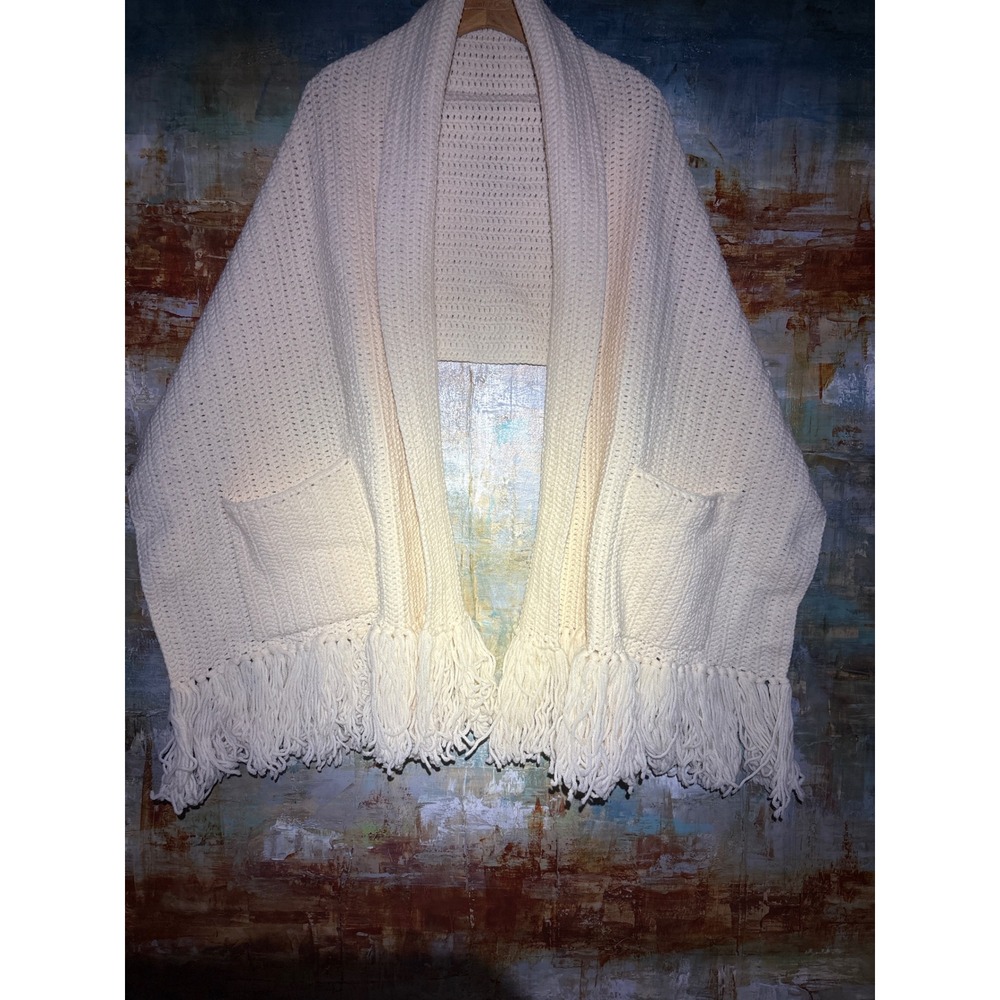 Handmade Crochet Pocket Shawl Wrap Cream Off White Fringe Boho One Size
